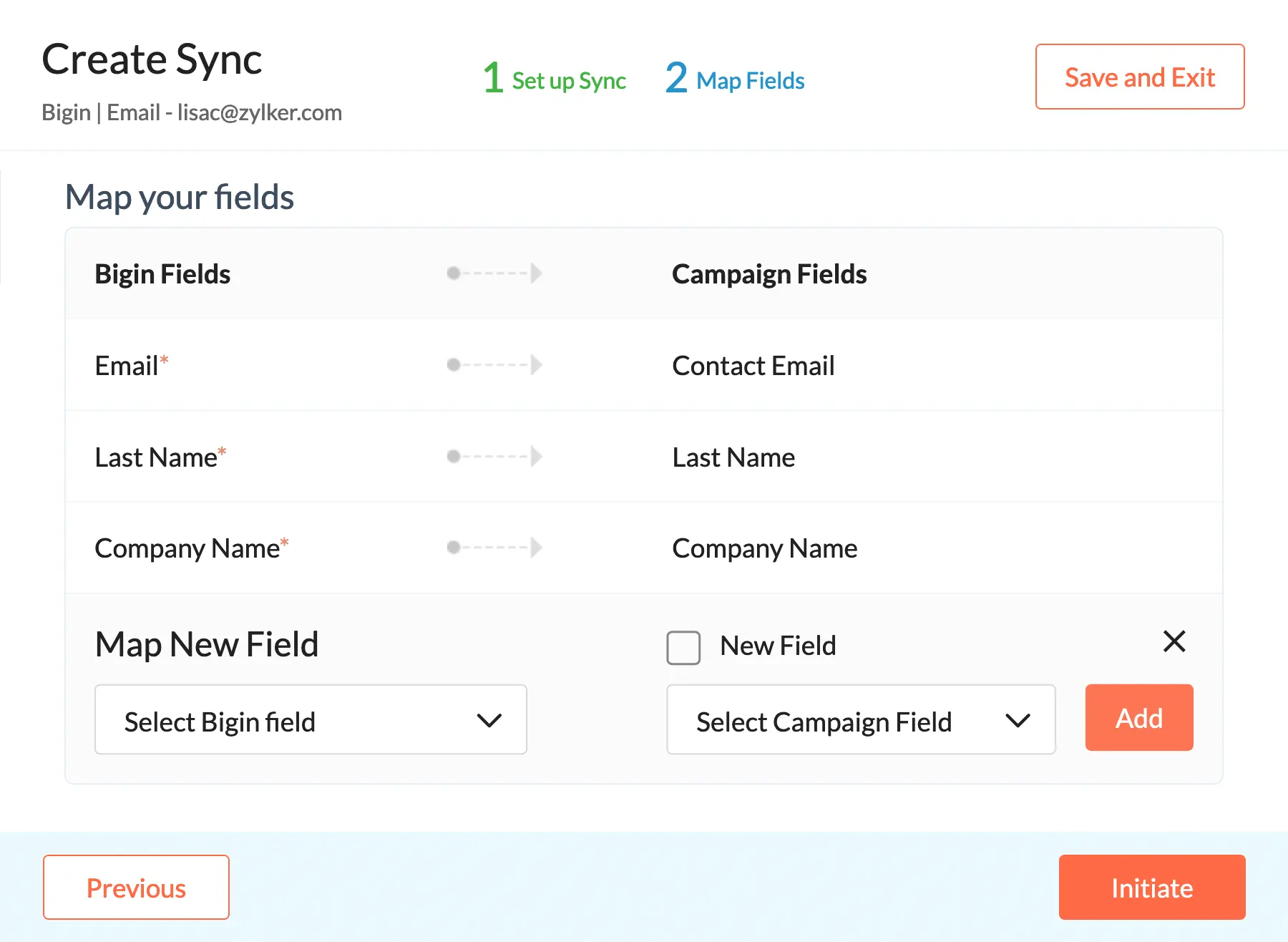 Image showing the screenshot of mapping fields between Bigin and Zoho Campaigns fields to keep the records in sync–Bigin by Zoho CRM.